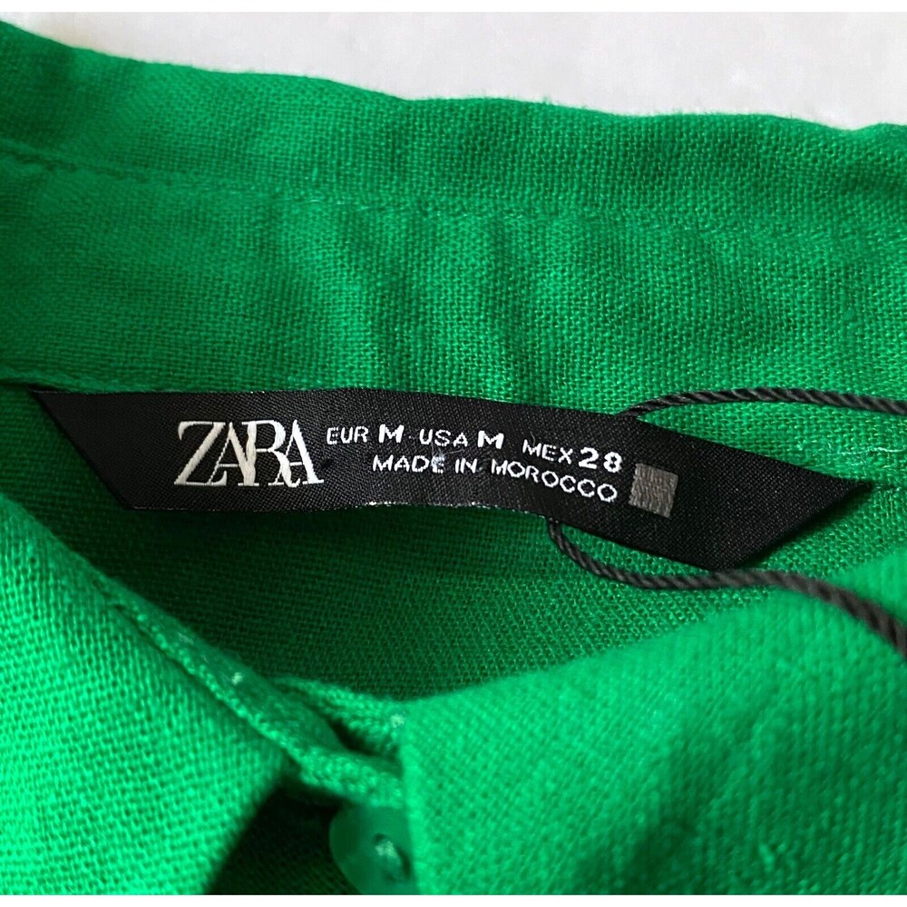 Zara Linen Blend Shirt Women M Shamrock Green 3/4 Kimono Sleeve Button Down NWOT - Picture 8 of 16